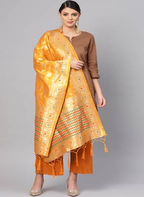 Women Mustard Color Woven Banarasi Dupatta 1