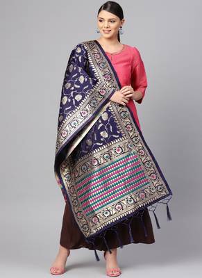 Women Navy blue Color Woven Banarasi Dupatta 1