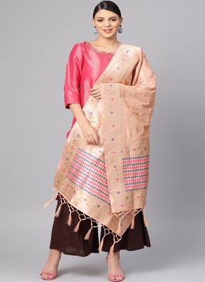 Women Peach Color Woven Banarasi Dupatta 1
