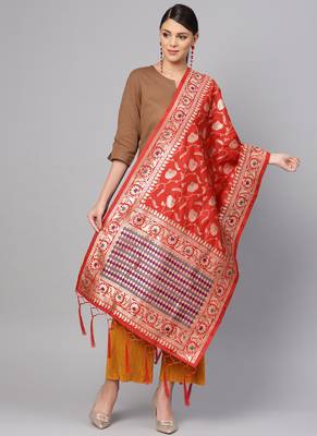 Women Red Color Woven Banarasi Dupatta 1
