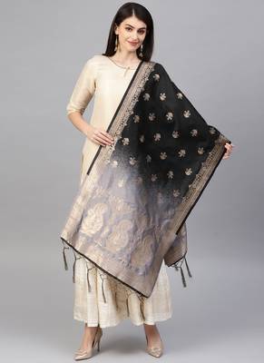 Women Grey and Black Color Woven Banarasi Dupatta 1