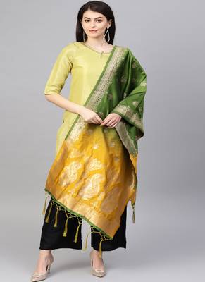 Women Green and Yellow Color Woven Banarasi Dupatta 1