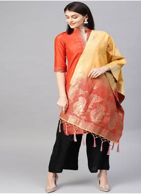 Women Red Cream Color Woven Banarasi Dupatta 1