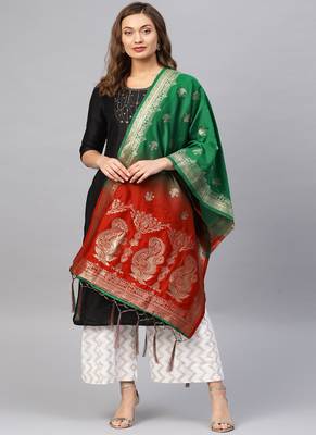 Women Red Green Color Woven Banarasi Dupatta 1