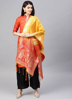Women Red Yellow Color Woven Banarasi Dupatta 1