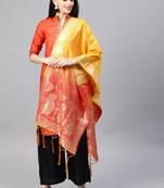 Women Red Yellow Color Woven Banarasi Dupatta