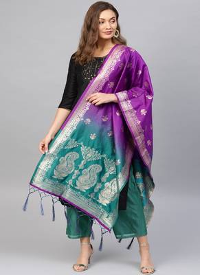 Women Purple and green Color Woven Banarasi Dupatta 1