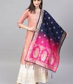 Women Navy Blue And Rani Pink Color Woven Banarasi Dupatta