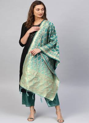 Women Sea Green Color Woven Banarasi Dupatta 1