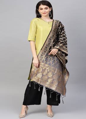 Women Black Grey Color Woven Banarasi Dupatta 1