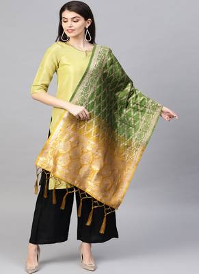 Women Green Yellow Color Woven Banarasi Dupatta 1