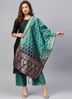 Women green blue Color Woven Banarasi Dupatta 1