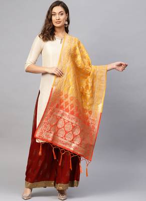 Women Yellow And Red Woven Banarasi Dupatta 1