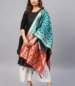 Women green and Red Woven Banarasi Dupatta