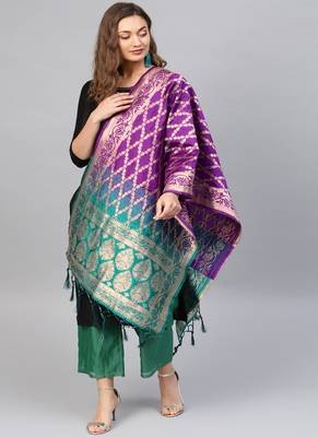 Women Purple and green Woven Banarasi Dupatta 1