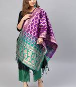 Women Purple and green Woven Banarasi Dupatta