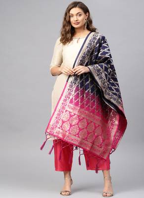 Women Navy blue and Rani pink Woven Banarasi Dupatta 1