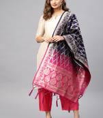 Women Navy blue and Rani pink Woven Banarasi Dupatta