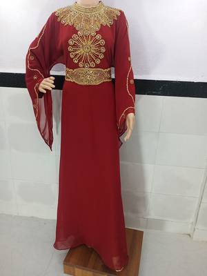 maroon georgette moroccan kaftan with zari and stone work  1