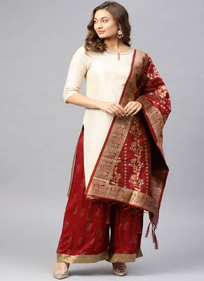 Women Maroon Woven Banarasi Dupatta 1