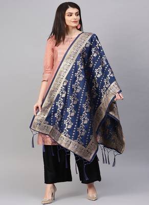 Women Navy blue Woven Banarasi Dupatta 1