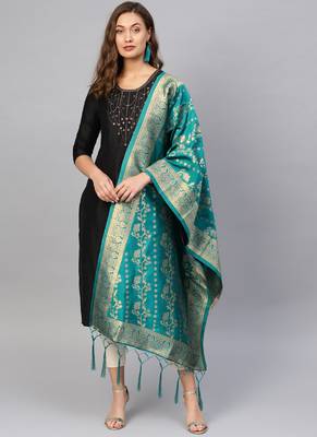 Women Turquoise Woven Banarasi Dupatta 1