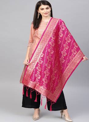 Women Rani Pink Woven Banarasi Dupatta 1
