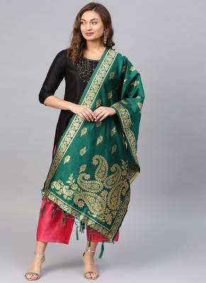 Women Green Woven Banarasi Dupatta 1