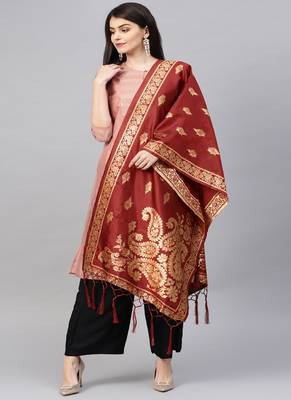 Women Maroon Woven Banarasi Dupatta 1