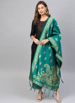 Women Turquoise Woven Banarasi Dupatta 1