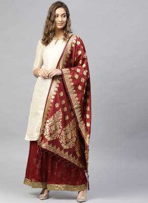 Women Maroon Woven Banarasi Dupatta 1