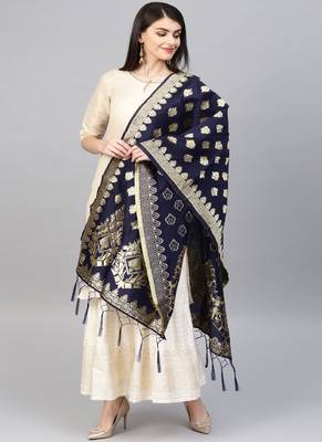 Women Navy Blue Woven Banarasi Dupatta 1