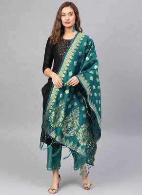 Women green Woven Banarasi Dupatta 1