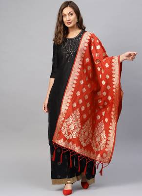 Women Red Woven Banarasi Dupatta 1