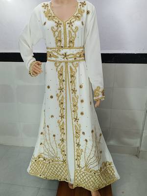 white georgette moroccan kaftan with zari and stone work  1