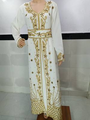 white georgette moroccan kaftan with zari and stone work  2