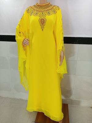 yellow georgette moroccan kaftan with zari and stone work  1