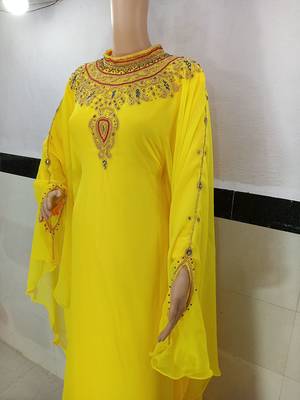 yellow georgette moroccan kaftan with zari and stone work  2