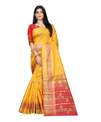 Women   s yellow South Cotton Designer saree With Jacquard butta All Over 1