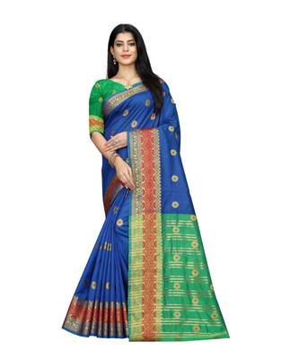 Women   s blue South Cotton Designer saree With Jacquard butta All Over 1