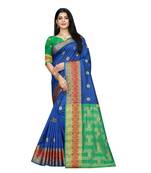 Women   s blue South Cotton Designer saree With Jacquard butta All Over