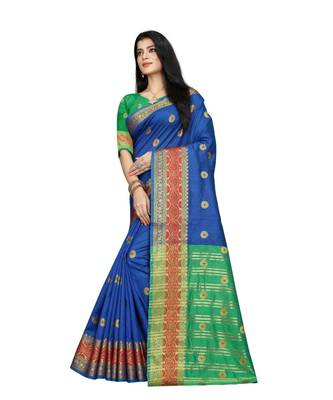 Women   s blue South Cotton Designer saree With Jacquard butta All Over 2