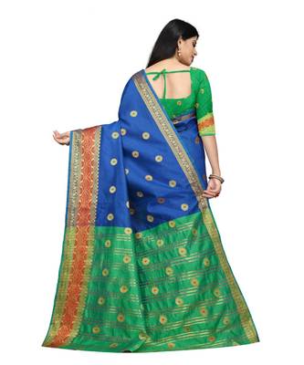 Women   s blue South Cotton Designer saree With Jacquard butta All Over 3
