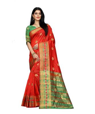 Women   s red South Cotton Designer saree With Jacquard butta All Over 1