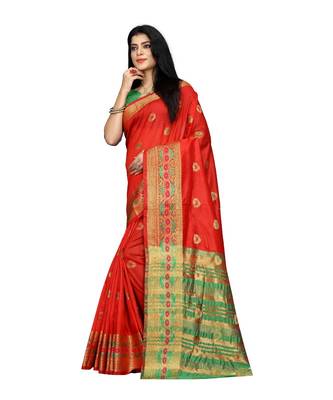 Women   s red South Cotton Designer saree With Jacquard butta All Over 2