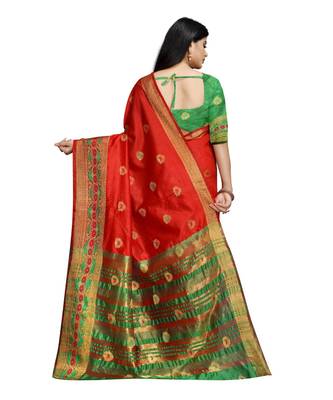 Women   s red South Cotton Designer saree With Jacquard butta All Over 3