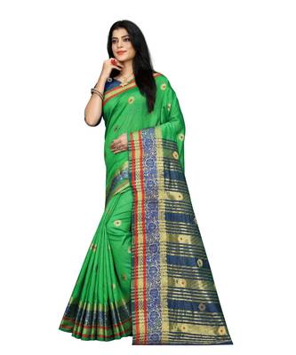 Women   s green South Cotton Designer saree With Jacquard butta All Over 2