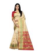 Women   s cream South Cotton Designer saree With Jacquard butta All Over