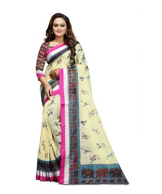 Women   s muticolor Pure linen Printed Designer Saree 1