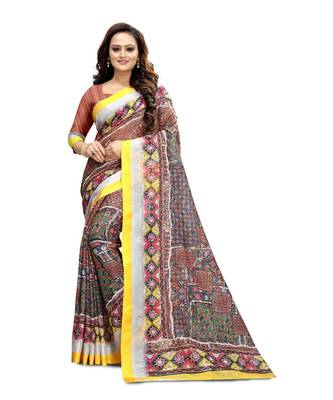 Women   s multicolor Pure linen Printed Designer Saree 1